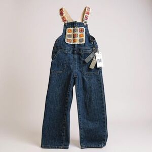 NEW Girls Tractr White Crochet Patch Multi Color Peace ☮️ Denim overalls Indigo